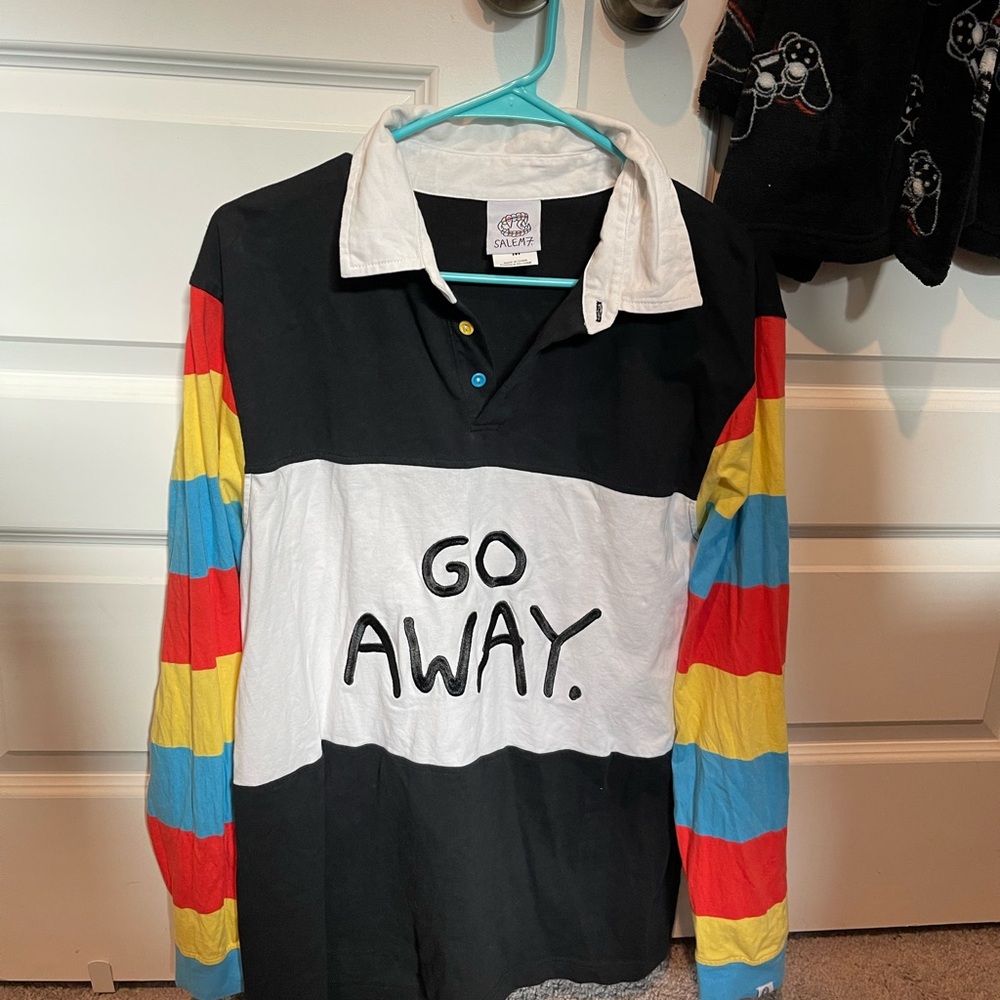 Zumiez Black and White Casual Button Down Shirt with Rainbow Sleeves